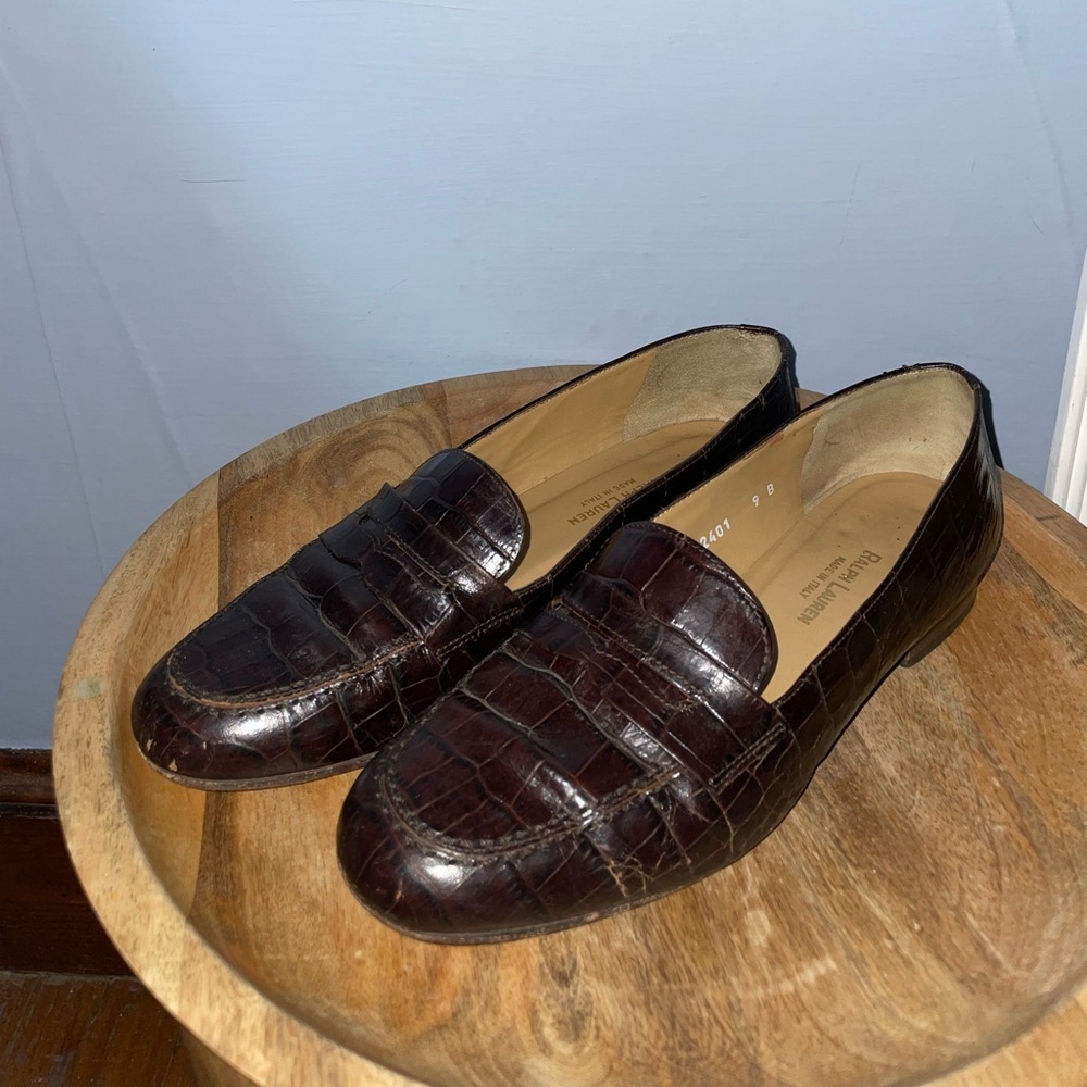 VINTAGE RALPH LAUREN WOMENS MADE IN ITALY SIZE 9 CROCODILE LOAFERS BROWN LEATHER